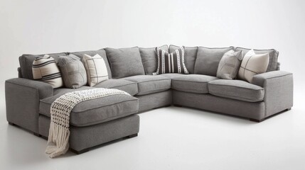 A gray sectional sofa with pillows and a blanket on it
