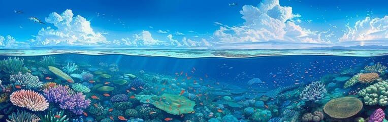 Fototapeta na wymiar A beautiful blue ocean with a lot of fish swimming in it