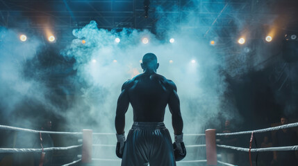 taken from behind, professional boxer fight in ring with spot lighting