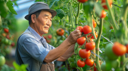 A Korean man is picking tomatoes from a plant. man is wearing a straw hat and a shirt. well-dressed 40-year-old Korean farmer tending to tomato plants, ripe tomatoes on the vine, lush tomato orchard