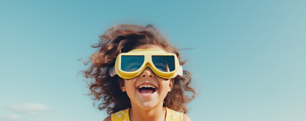 Photo of A woman holding up an empty frame with space for text on white background, excited expression, wearing sunglasses and yellow dress.  - obrazy, fototapety, plakaty