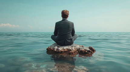 A businessman sits on a stone in the middle of the sea.