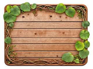 Old weathered blank wooden sign overgrown with vines and foliage on a transparent background. Post-apocalyptic blank wooden sign background with copy space.