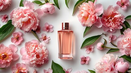 a collection of perfume bottles adorned with delicate flowers, set against a soft, light background, with ample space for text. - obrazy, fototapety, plakaty