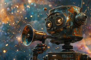 rusty robot speaking through a megaphone against a backdrop of stars - obrazy, fototapety, plakaty
