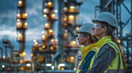 Obraz premium Two Heavy Industry Female Engineers Factory Discuss Work