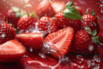 Macro shot of strawberries with water splash