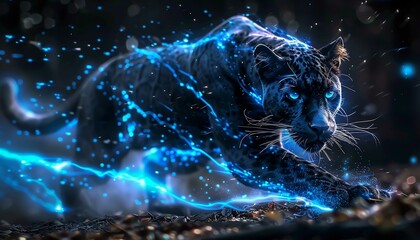 Black panther graceful big cat with blue light