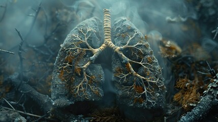 Lungs made of tree branches covered in moss and lichen with smoke surrounding them. - obrazy, fototapety, plakaty