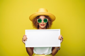 Photo of A woman holding up an empty frame with space for text on red background, excited expression, wearing sunglasses and yellow dress. Web banner  - obrazy, fototapety, plakaty