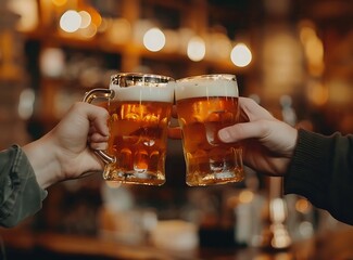 Close up of two hands holding pints clinking beer in a bar