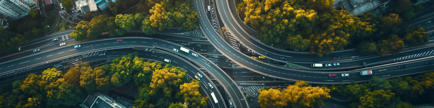 Urban overpass real scene, bustling road traffic, overlooking view, drone view, ultra-wide Angle