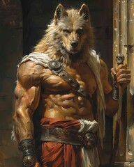muscular anthropomorphic wolf in roman armor