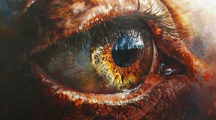 An eye with bright yellow iris and red sclera. - obrazy, fototapety, plakaty