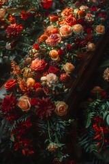 Fototapeta premium A lovely dark wood coffin adorned with roses, lilies, and carnations creates a lush display. Shot up close, the image captures intricate details, enhanced by soft, diffused light for a warm atmosphere