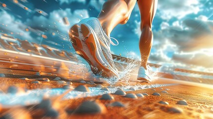 A runner's foot is shown in mid-stride. The runner is wearing white shoes and is running on a track. The track is made of orange material and has white lines marking the lanes. The runner is running i