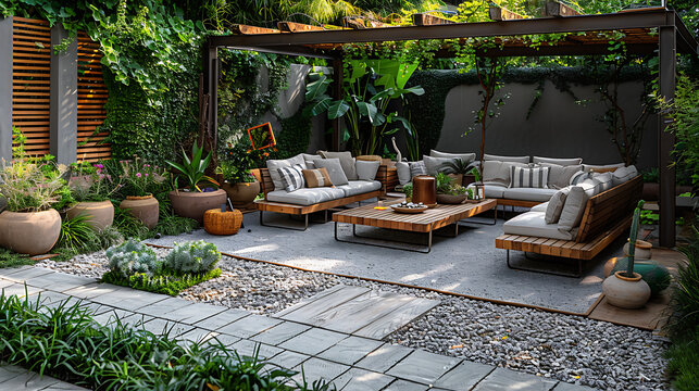 Photo de terrasse de maison avec jardin, chaises et tables