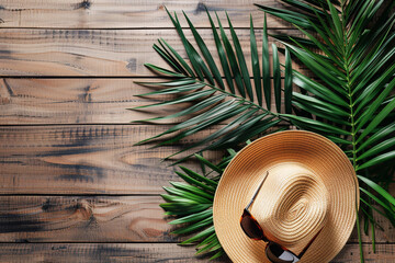 Summer style on a wooden background. AI.