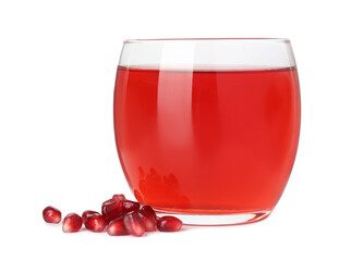 Refreshing pomegranate juice in glass and seeds isolated on white