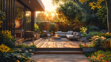 Photo de terrasse de maison avec jardin, chaises et tables