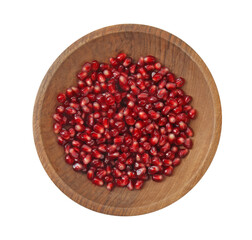 Ripe juicy pomegranate grains in bowl isolated on white, top view