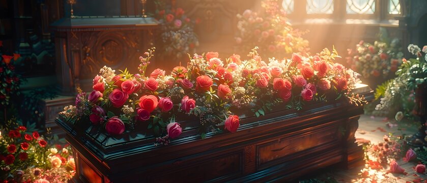 A lovely dark wood coffin adorned with roses, lilies, and carnations creates a lush display. Shot up close, the image captures intricate details, enhanced by soft, diffused light for a warm atmosphere