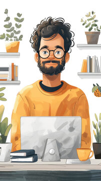 Freelancer man working on computer at his house office, flat design.