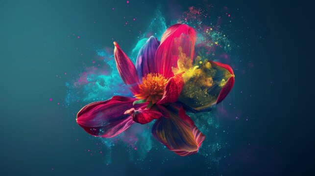   Multicolored flower against blue backdrop; bottom features a paint splash..Petals and lower portion of multicolored bloom touching a paint splash on blue background