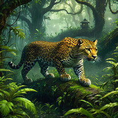 The image could be named Majestic Leopard and Jaguar in Wildlife Habitat - obrazy, fototapety, plakaty