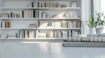 Fototapeta premium White table with books over a blurred modern white study room in the background