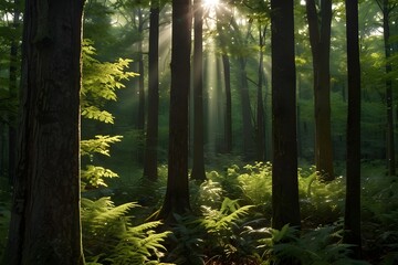 elegance Explore the hidden treasures of a deep forest where towering trees create an emerald green canopy in this morning's nature artwork of a woodland at daybreak. Sunlight filters through the foli