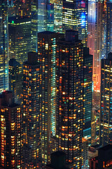 A closeup of skyscrapers in a city during nighttime using a telephoto lens