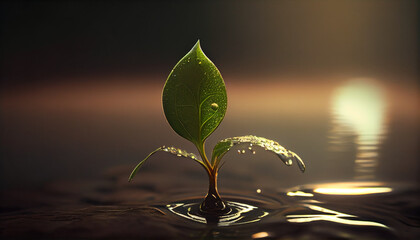 Watering young plant in soil on a morning light. Agriculture, growing up seedling. Spring morning sunrise. Generative AI