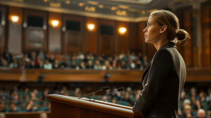 Woman politician in the congress speaking front view simetrical