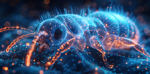 Ant with Blue glowing wireframe abstract futuristic background - obrazy, fototapety, plakaty