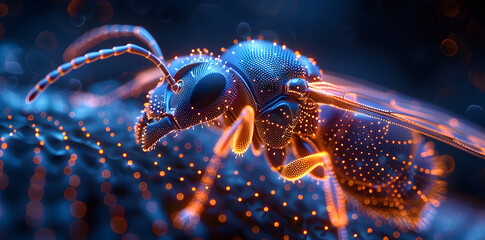 Ant with Blue glowing wireframe abstract futuristic background