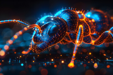 Ant with Blue glowing wireframe abstract futuristic background