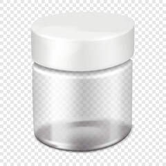 Clear round face cream jar with white screw lid on transparent background, realistic mockup. Skincare product packaging, vector mock-up. Cosmetic tub container, template