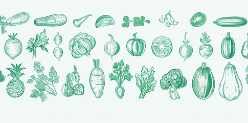 Green ink illustrations of various fruits and vegetables in a vector set on white.
