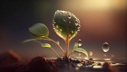 Watering young plant in soil on a morning light. Agriculture, growing up seedling. Spring morning sunrise. Generative AI