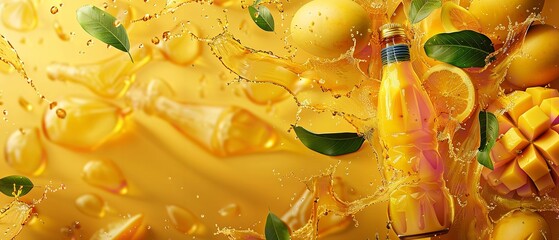 A bottle of mango juice with splashes and a logo featured in this horizontal banner featuring 3D realistic mango juice advertising, Generative AI.