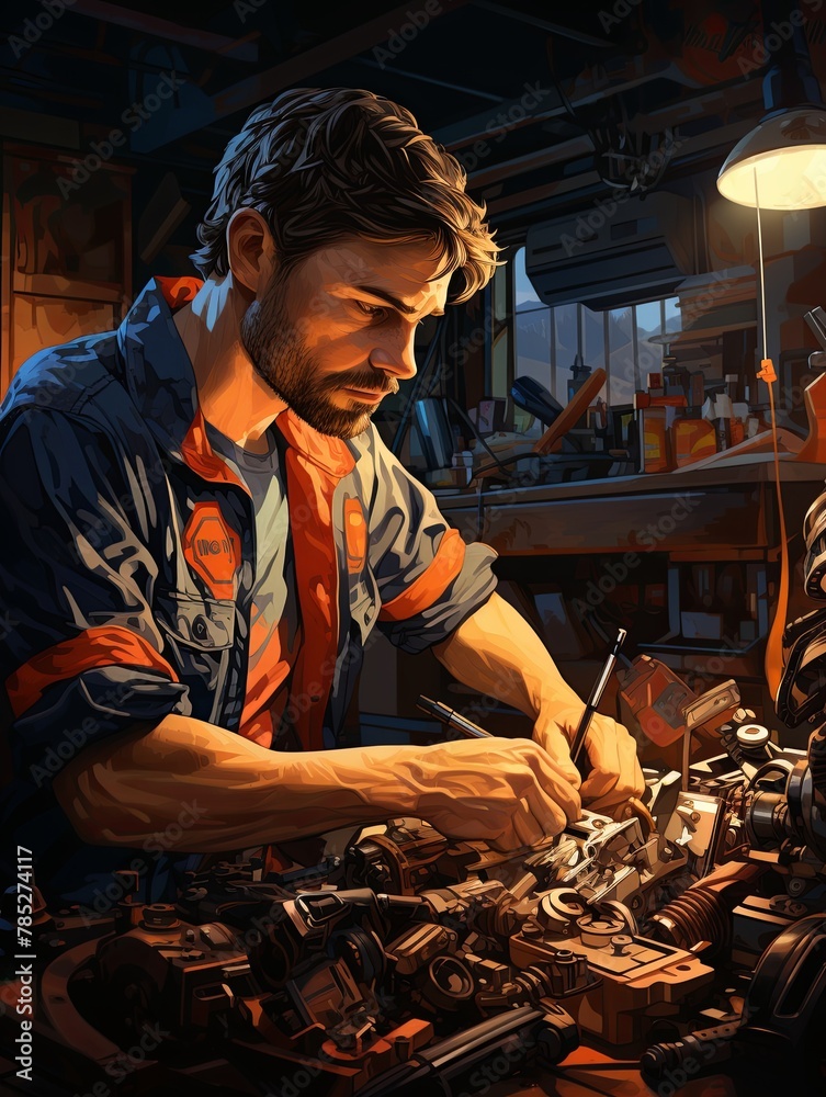 Poster An auto mechanic works in the garage. A mechanic inspects and repairs parts before replacing them on a car, Generative AI.