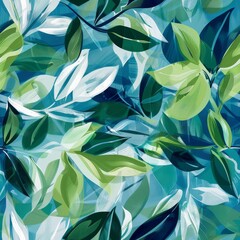 A painting of green leaves and blue background