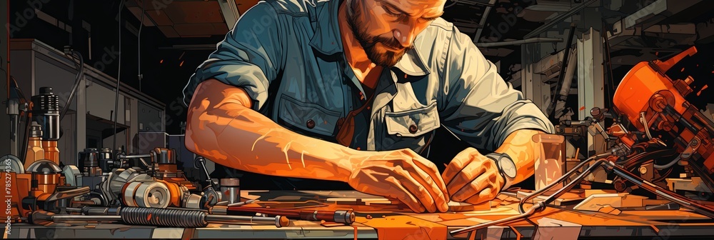 Poster An auto mechanic works in the garage. A mechanic inspects and repairs parts before replacing them on a car, Generative AI.
