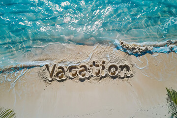 Vacation written in the sand on a tropical beach