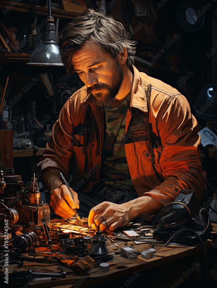 Poster An auto mechanic works in the garage. A mechanic inspects and repairs parts before replacing them on a car, Generative AI.