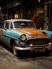 An old, vintage rusty car in the garage. Retro car in a car repair shop, Generative AI.
