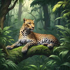 Leopard gracefully perched in its natural habitat, blending with tree and rock surroundings