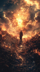 A man walks under a fiery sky with a cross in the clouds.