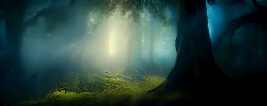 Animation of ethereal mystical forest scene with digital glow effects